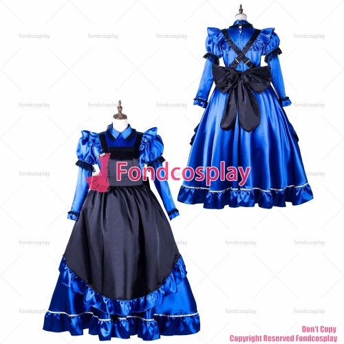 fondcosplay adult sexy cross dressing sissy maid long blue satin dress lockable Uniform black apron costume CD/TV[G2162]