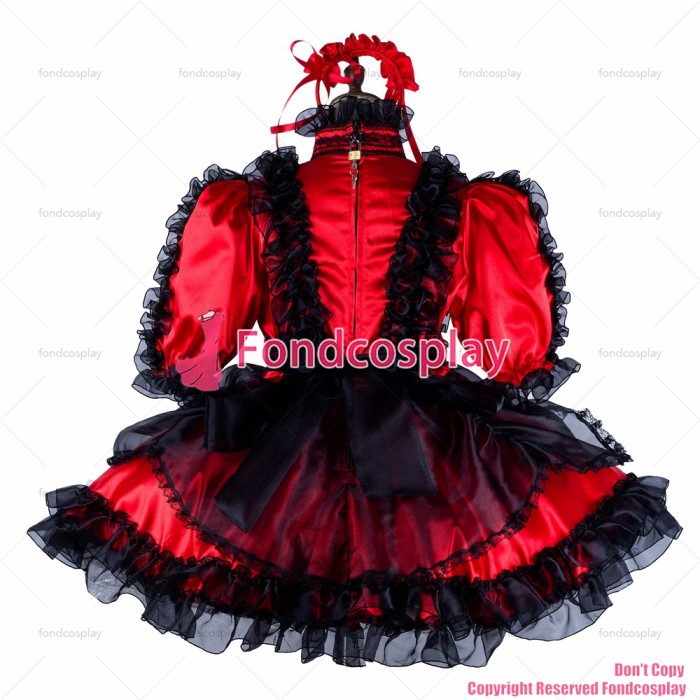 fondcosplay adult sexy cross dressing sissy maid short red satin dress black organza lockable Uniform costume CD/TV[G2131]