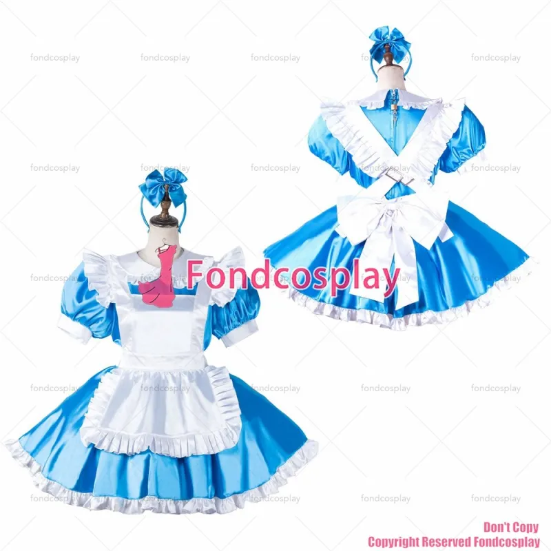 fondcosplay adult sexy cross dressing sissy maid short blue satin dress lockable Uniform white apron costume CD/TV[G2202]
