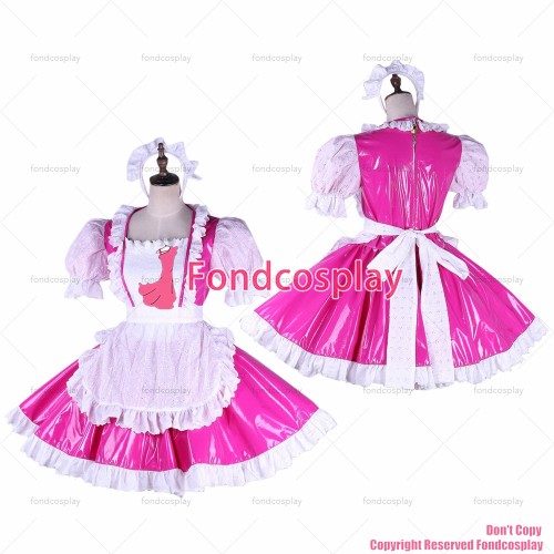fondcosplay adult sexy cross dressing French sissy maid lockable hot pink thin PVC Dress Uniform white apron CD/TV [G1658]