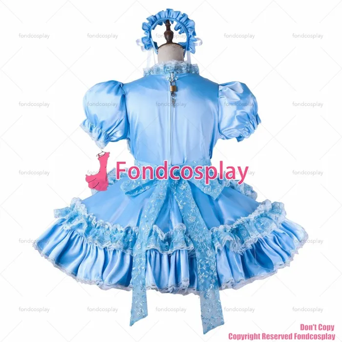 fondcosplay adult sexy cross dressing sissy maid short baby blue satin dress lockable Uniform apron costume CD/TV[G2206]