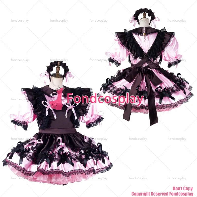 fondcosplay adult sexy cross dressing sissy maid short baby pink satin dress lockable Uniform black apron CD/TV[G2192]