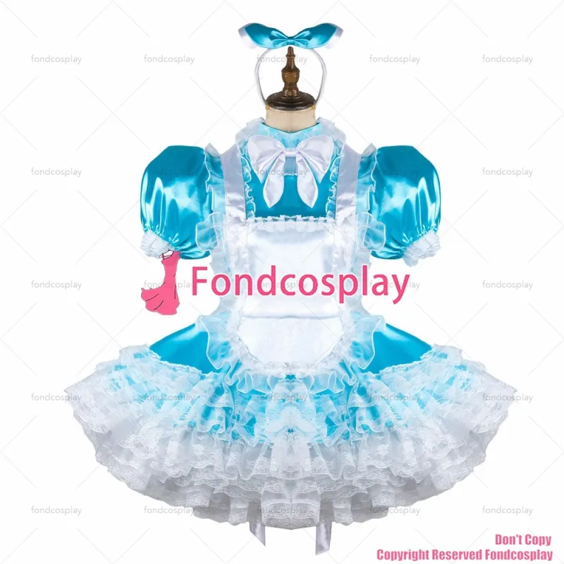 fondcosplay adult sexy cross dressing sissy maid short blue satin dress lockable Uniform white apron costume CD/TV[G2118]