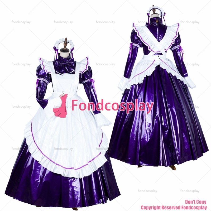 fondcosplay adult sexy cross dressing sissy maid long lockable Purple thin PVC dress Uniform white apron CD/TV[G1750]