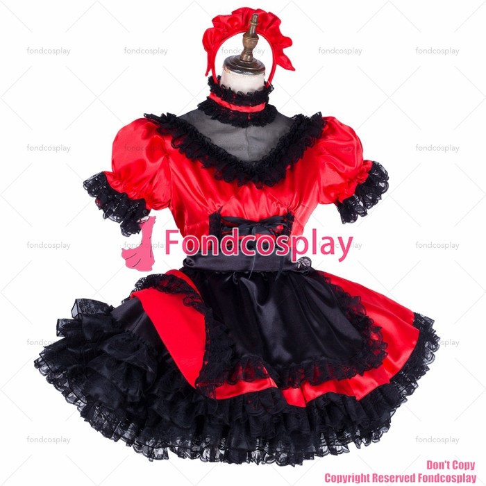 fondcosplay adult sexy cross dressing sissy maid short lockable red Satin Uniform black apron costume CD/TV[G1994]