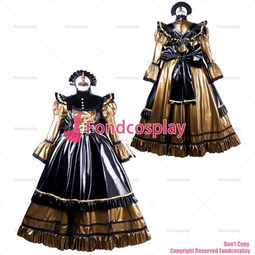 fondcosplay adult cross dressing sissy maid long gold thin pvc dress lockable Uniform black apron costume CD/TV[G2157]