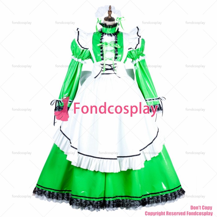 fondcosplay adult sexy cross dressing sissy maid long lockable green thin PVC vinyl dress Uniform costume CD/TV[G1806]