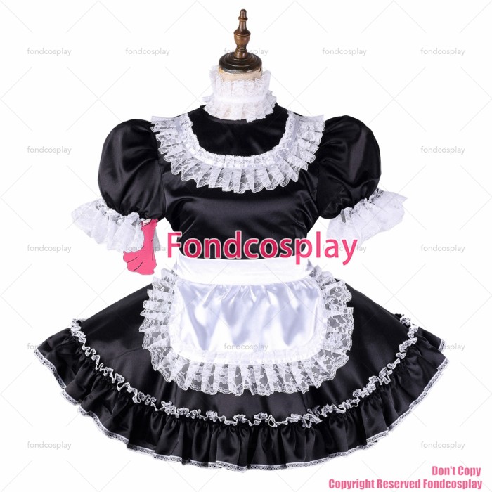 fondcosplay adult sexy cross dressing sissy maid short black satin dress lockable Uniform white apron costume CD/TV[G2117]