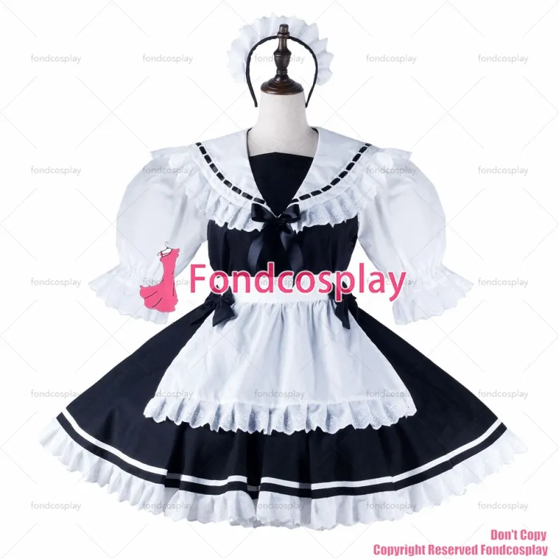 fondcosplay adult sexy cross dressing sissy maid black cotton dress lockable Uniform white apron costume CD/TV[G2214]