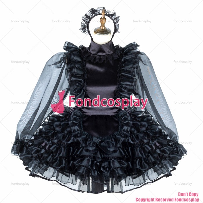 fondcosplay adult sexy cross dressing sissy maid short lockable black Satin Organza dress Uniform apron CD/TV[G2013]