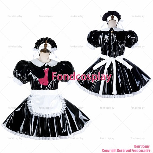 fondcosplay adult sexy cross dressing sissy maid black heavy pvc dress lockable white apron Peter Pan collar CD/TV[G2125]