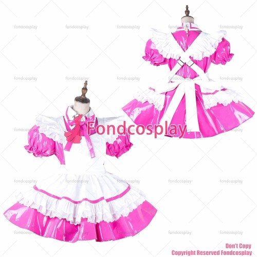 fondcosplay adult sexy cross dressing sissy maid hot pink thin pvc dress lockable Uniform white apron costume CD/TV[G2139]