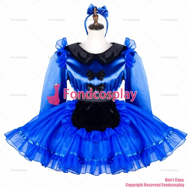 fondcosplay adult sexy cross dressing sissy maid blue satin dress organza lockable Peter Pan collar Uniform CD/TV[G2035]