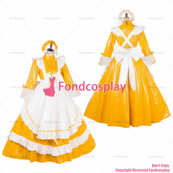 fondcosplay adult sexy cross dressing sissy maid long lockable Orange thin PVC vinyl dress Uniform costume CD/TV[G1786]