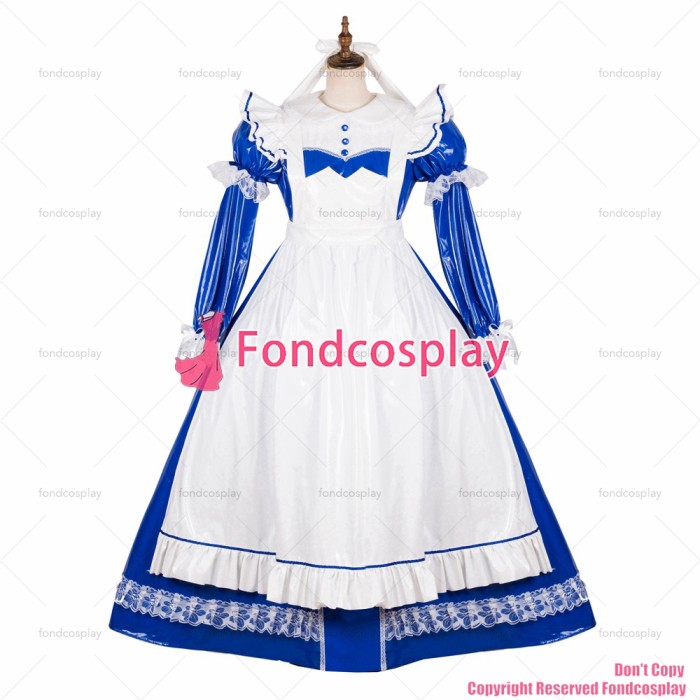 fondcosplay adult sexy cross dressing sissy maid long lockable blue thin PVC vinyl dress Uniform white apron CD/TV[G1785]