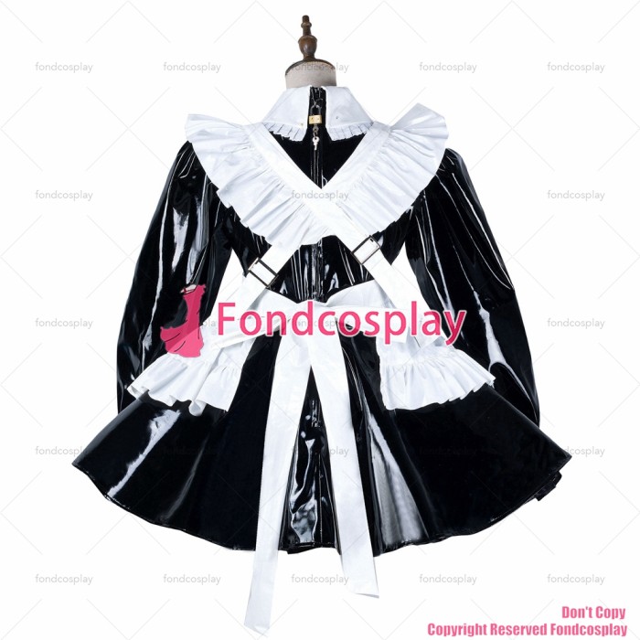fondcosplay adult sexy cross dressing sissy maid black heavy pvc dress lockable peter pan collar white heart CD/TV[G2170]