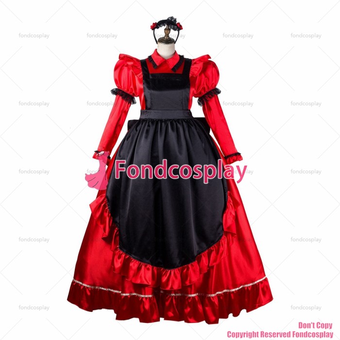fondcosplay adult sexy cross dressing sissy maid long red satin dress lockable black apron Uniform costume CD/TV[G2156]