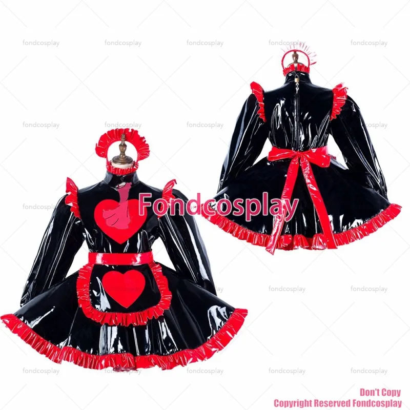 fondcosplay adult sexy cross dressing sissy maid black heavy pvc dress lockable Uniform Heart apron costume CD/TV[G2193]