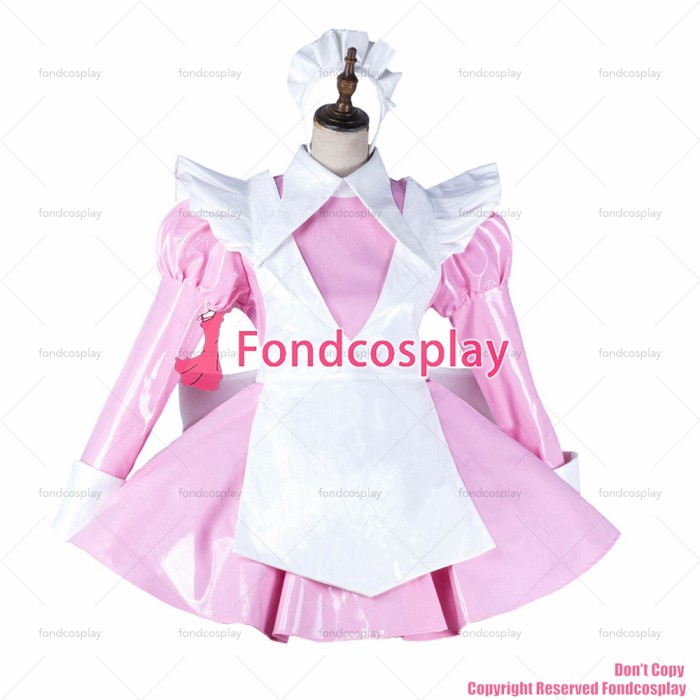 fondcosplay adult sexy cross dressing sissy maid baby pink heavy pvc dress lockable Uniform white apron CD/TV[G2141]
