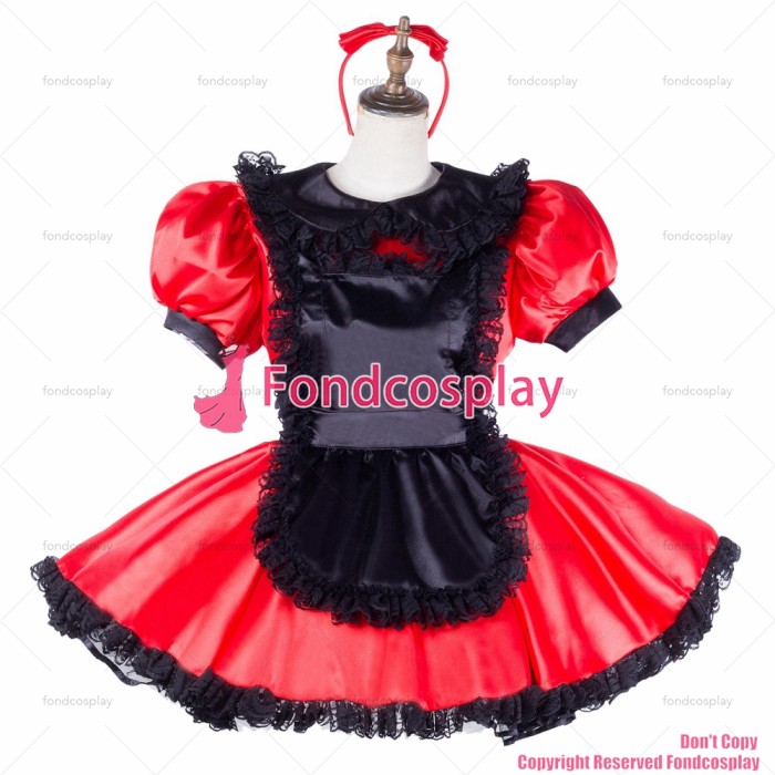 fondcosplay adult sexy cross dressing sissy maid short red satin dress lockable Uniform black apron costume CD/TV[G2047]