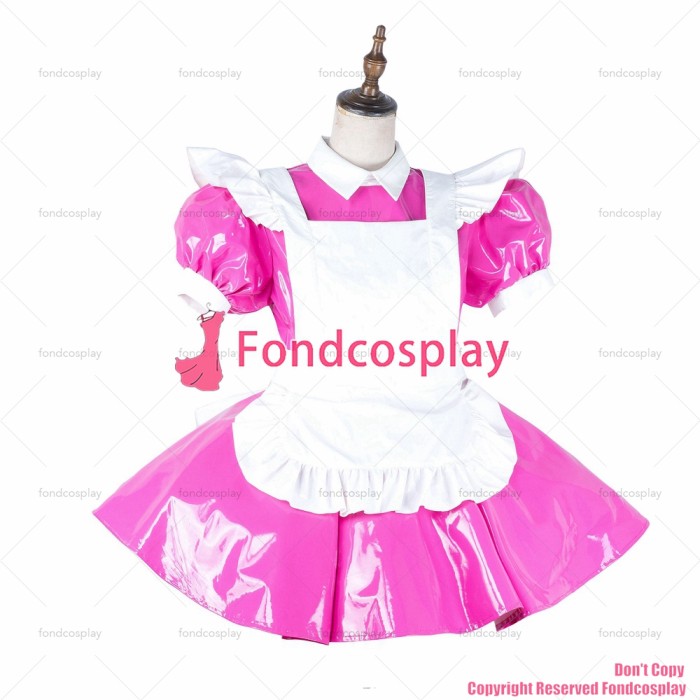 fondcosplay adult sexy cross dressing sissy maid short hot pink thin pvc dress lockable Uniform white apron CD/TV[G2138]