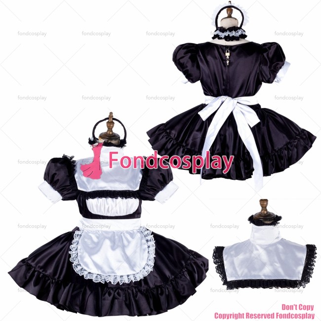 fondcosplay adult sexy cross dressing sissy maid short lockable black Satin dress Uniform white apron costume CD/TV[G2020]
