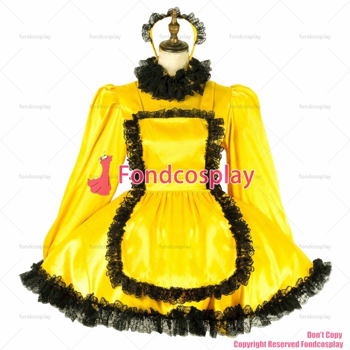 fondcosplay adult sexy cross dressing sissy maid short lockable yellow Satin dress Uniform apron costume CD/TV[G2012]