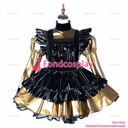 fondcosplay adult sexy cross dressing sissy maid gold thin pvc dress lockable Uniform black apron costume CD/TV[G2174]