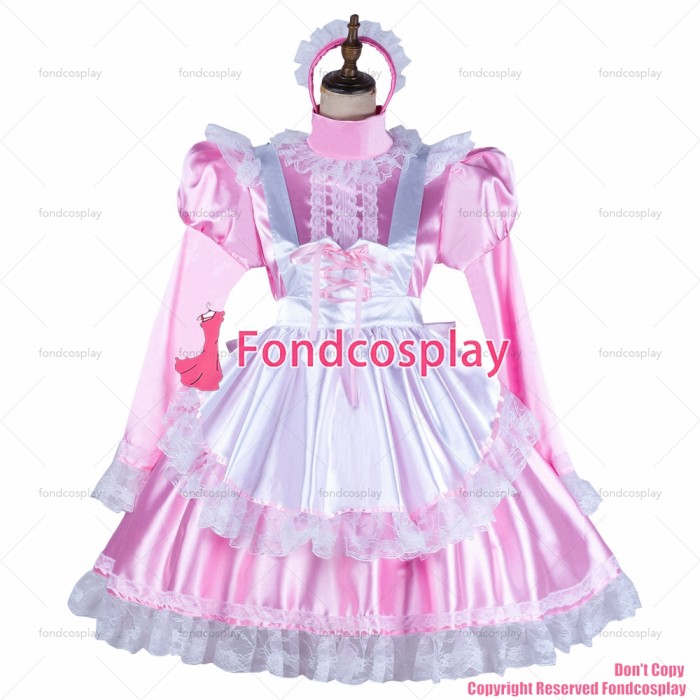 fondcosplay adult sexy cross dressing sissy maid baby pink satin dress lockable Uniform white apron costume CD/TV[G2052]