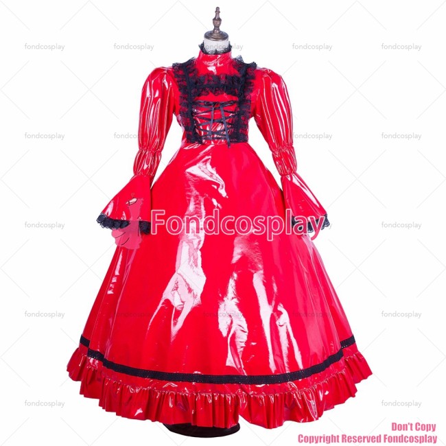 fondcosplay adult sexy cross dressing sissy maid long red thin PVC lolita punk gothic vinyl dress CD/TV[G1769]