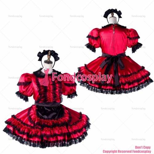 fondcosplay adult sexy cross dressing sissy maid short red satin dress lockable Uniform black apron costume CD/TV[G2200]