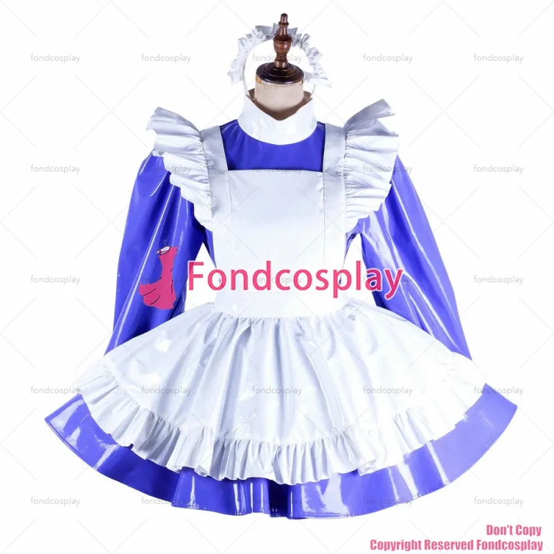 fondcosplay adult sexy cross dressing sissy maid blue pvc dress lockable Uniform white apron costume CD/TV[G2049]