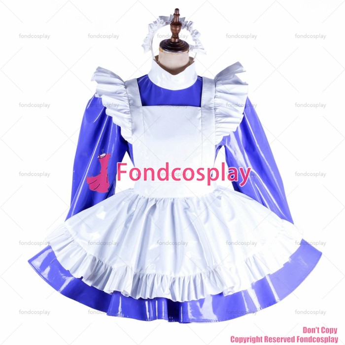 fondcosplay adult sexy cross dressing sissy maid blue heavy pvc dress lockable Uniform white apron costume CD/TV[G2049]