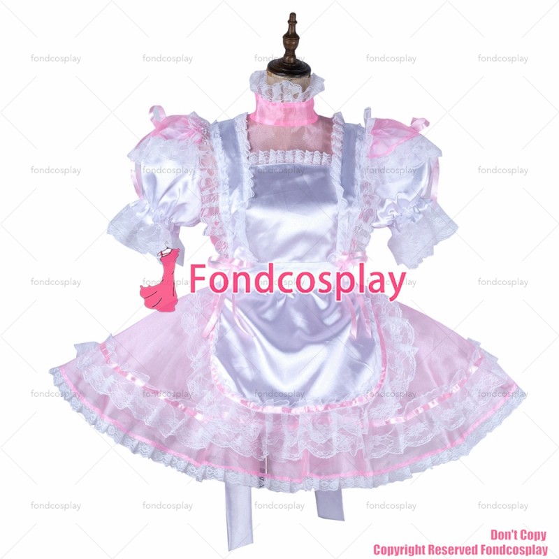 fondcosplay adult sexy cross dressing sissy maid lockable baby pink Organza Satin dress see through Outfit CD/TV[G2017]