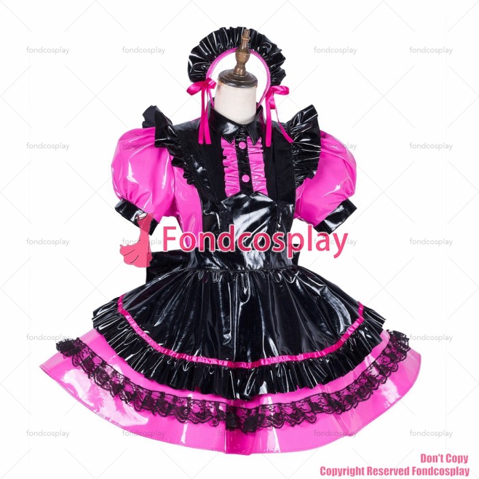 fondcosplay adult sexy cross dressing sissy maid lockable hot pink thin PVC vinyl dress Uniform black apron CD/TV[G1790]