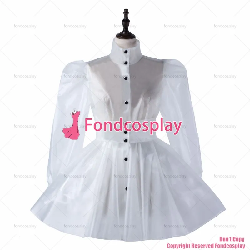 fondcosplay adult sexy cross dressing sissy maid short clear pvc Buttons dress lockable Uniform costume CD/TV[G2213]