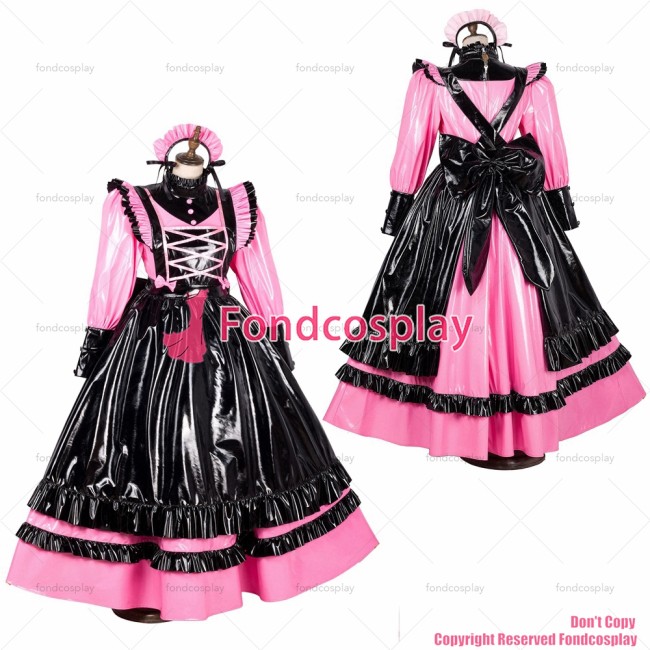 fondcosplay adult sexy cross dressing sissy maid long lockable pink thin PVC vinyl dress Uniform black apron CD/TV[G1788]