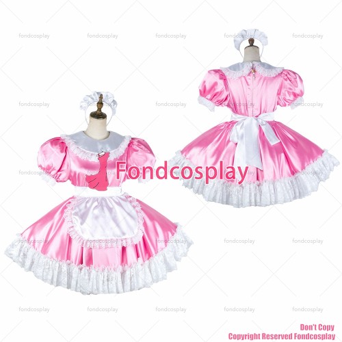 fondcosplay adult sexy cross dressing sissy maid short baby pink satin dress lockable Uniform white apron CD/TV[G2033]