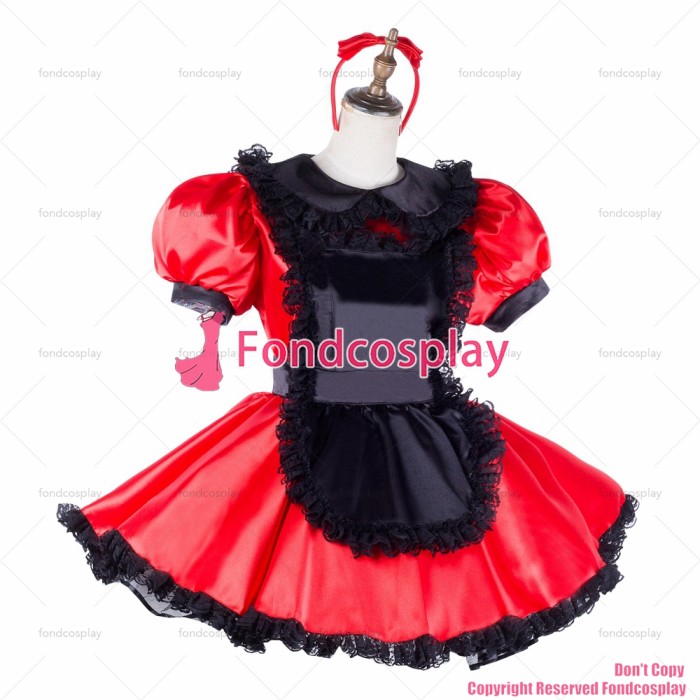 fondcosplay adult sexy cross dressing sissy maid short red satin dress lockable Uniform black apron costume CD/TV[G2047]