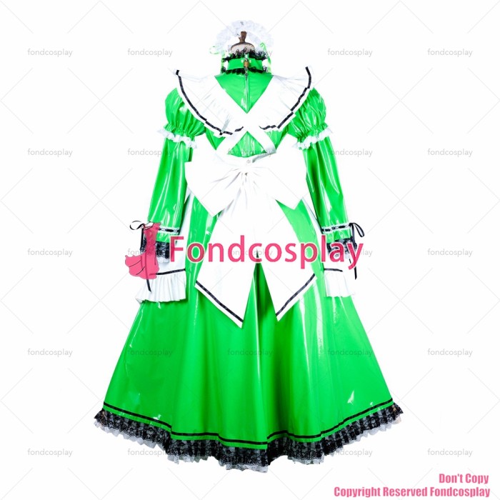 fondcosplay adult sexy cross dressing sissy maid long lockable green thin PVC vinyl dress Uniform costume CD/TV[G1806]