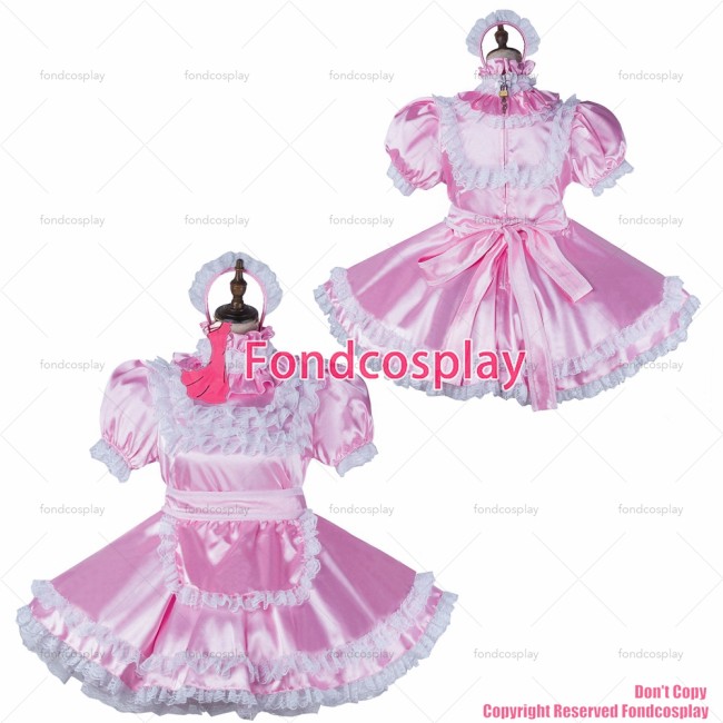fondcosplay adult sexy cross dressing sissy maid short baby pink satin dress lockable Uniform cosplay costume CD/TV[G2150]
