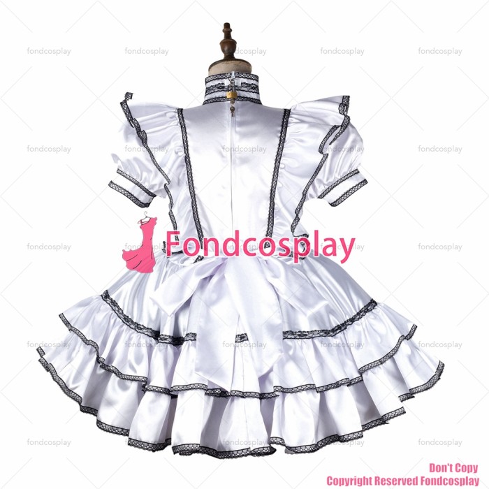 fondcosplay adult sexy cross dressing sissy maid short white satin dress lockable Uniform cosplay costume CD/TV[G2175]