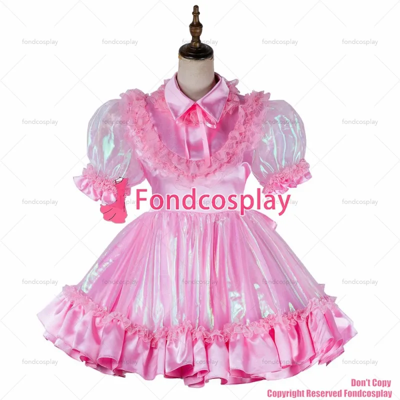 fondcosplay adult sexy cross dressing sissy maid short lockable baby pink Satin Organza dress Outfit CD/TV[G2018]