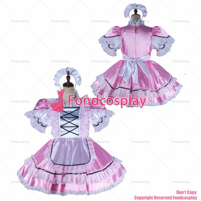 fondcosplay adult sexy cross dressing sissy maid short baby pink satin dress lockable Uniform apron costume CD/TV[G2159]