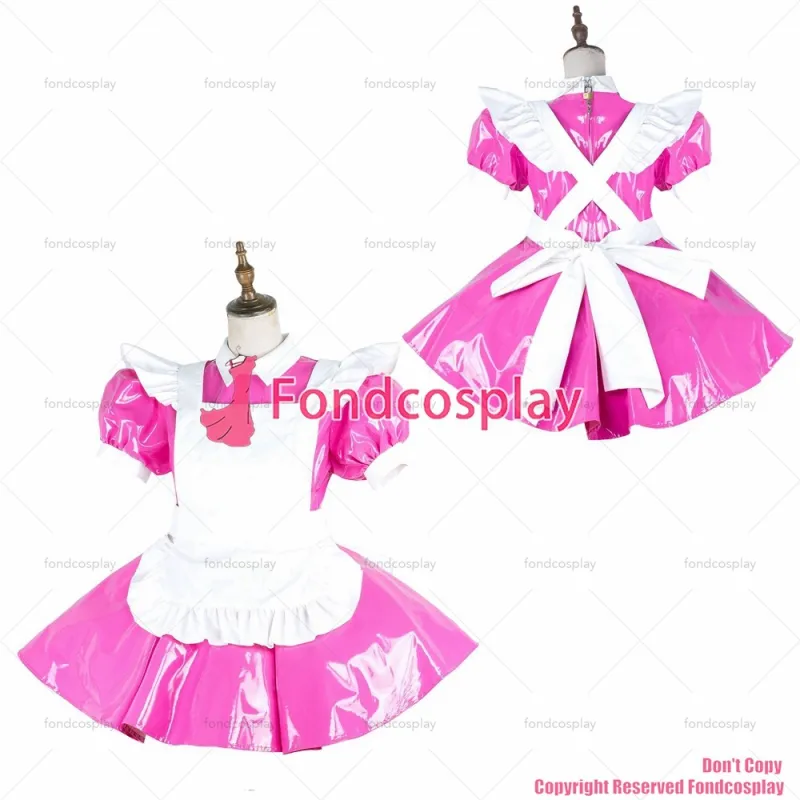 fondcosplay adult sexy cross dressing sissy maid short hot pink thin pvc dress lockable Uniform white apron CD/TV[G2138]