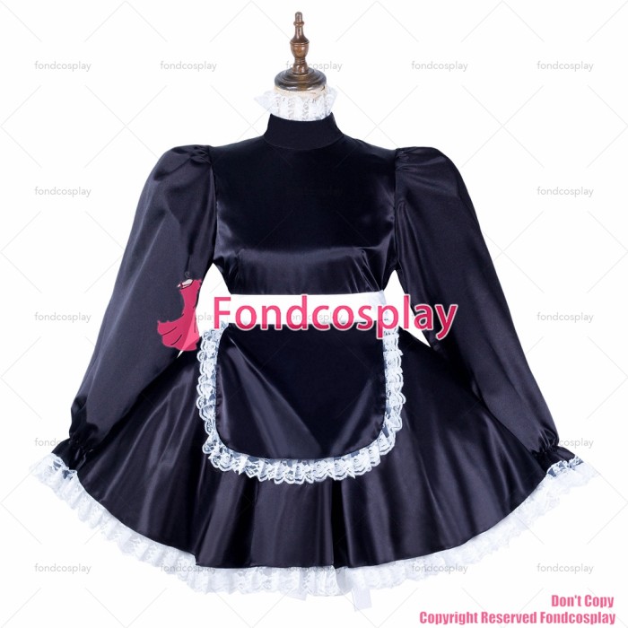 fondcosplay adult sexy cross dressing sissy maid short black satin dress lockable Uniform apron costume CD/TV[G2133]