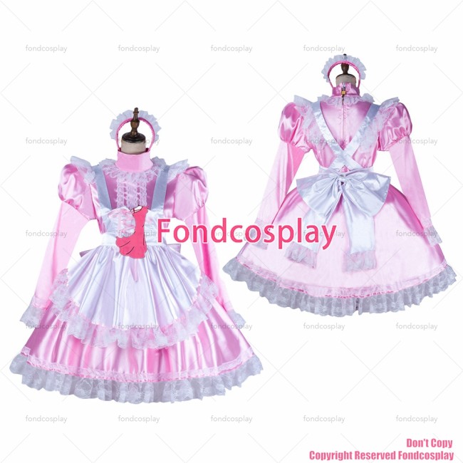 fondcosplay adult sexy cross dressing sissy maid baby pink satin dress lockable Uniform white apron costume CD/TV[G2052]