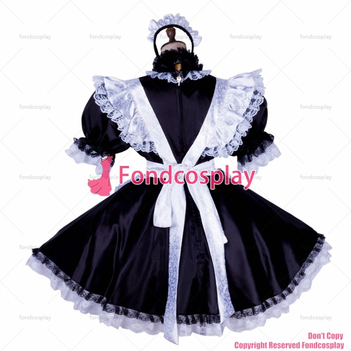 fondcosplay adult sexy cross dressing sissy maid short lockable black satin dress white apron Uniform costume CD/TV[G1775]
