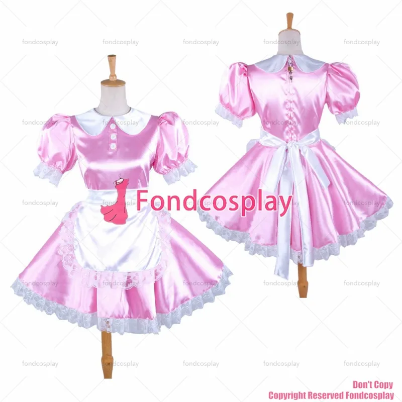 fondcosplay adult sexy cross dressing sissy maid short baby pink satin pink dress lockable Peter Pan collar CD/TV[G192]