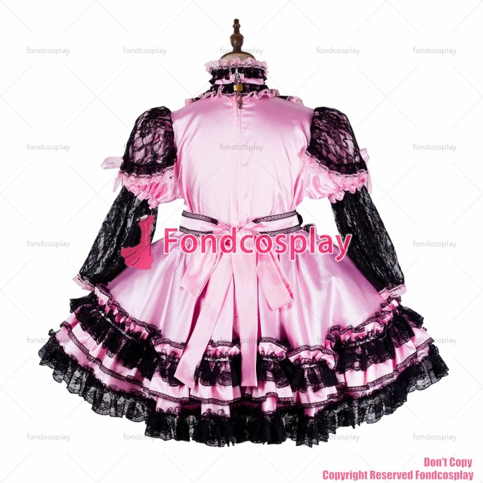 fondcosplay adult sexy cross dressing sissy maid short baby pink satin dress lockable Uniform apron costume CD/TV[G2130]